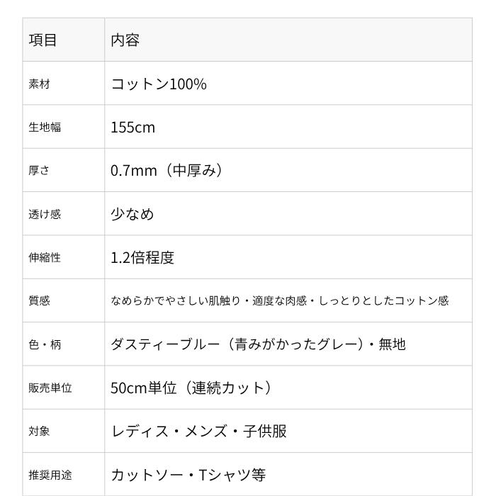 ニット生地 綿100％ 透け感の少ない スムースニット ダスティブルー 155cm幅 Tシャツ カットソー レディス メンズ 子供服 手芸 ハンドメイド クラフト 布 生地 通販 日本製 50cm単位の価格 buuke-10011021 布の店ブーケ サンプル画像2