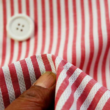 ハーフリネン レース ストライプ生地生成り/レッド 145cm幅 50cm単位 はかり売り マスク