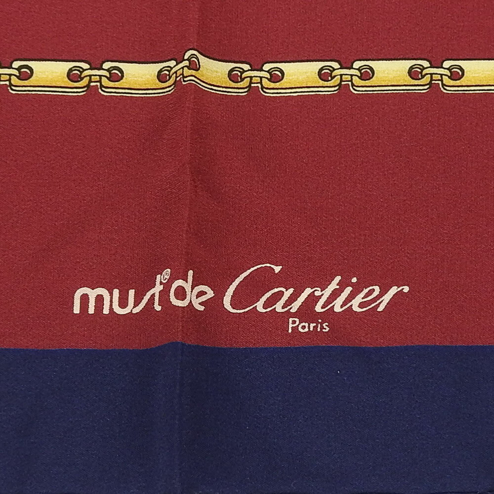 【今だけ!!2,000円OFFクーポン配布中!!】カルティエ Cartier Must de Cartier マスト ドゥ スカーフ シルク100％ 2Cロゴ チェーン柄 ボルドー ネイビー レディース 女性 小物 scarf navy bordeaux【中古】