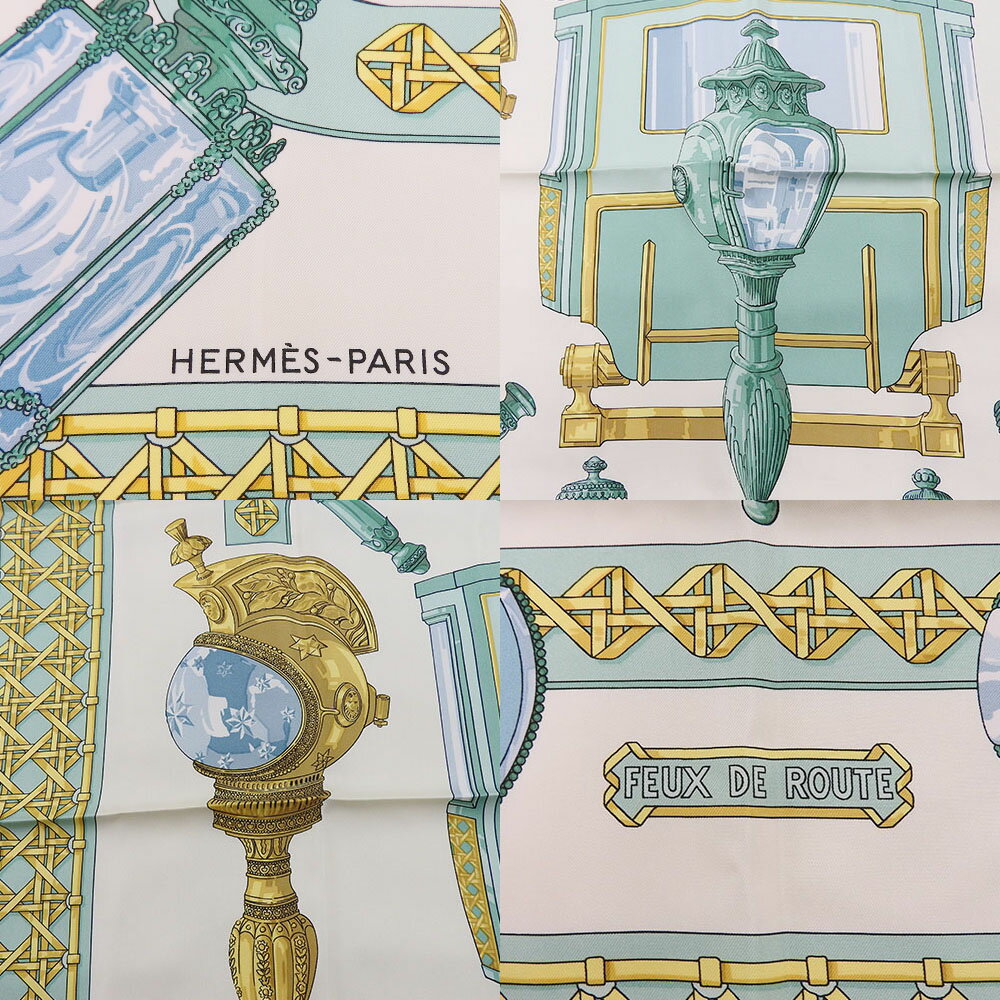 【中古】 エルメス スカーフ カレ90 シルク グリーン クリーム系 馬車のランタン FEUX DE ROUTE オシャレ レディース 女性 HERMES 2