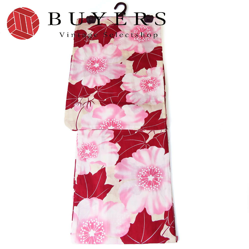 【中古】 浴衣 未使用展示品 綿 ベージュ えんじ ピンク さくら モダン 大人可愛い 和装 呉服 和服 きもの レディース 女性