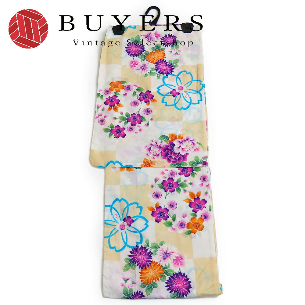 【中古】 浴衣 未使用展示品 綿 ベージュ系 マルチカラー 花柄 市松柄 大人可愛い 和装 呉服 和服 きもの レディース 女性