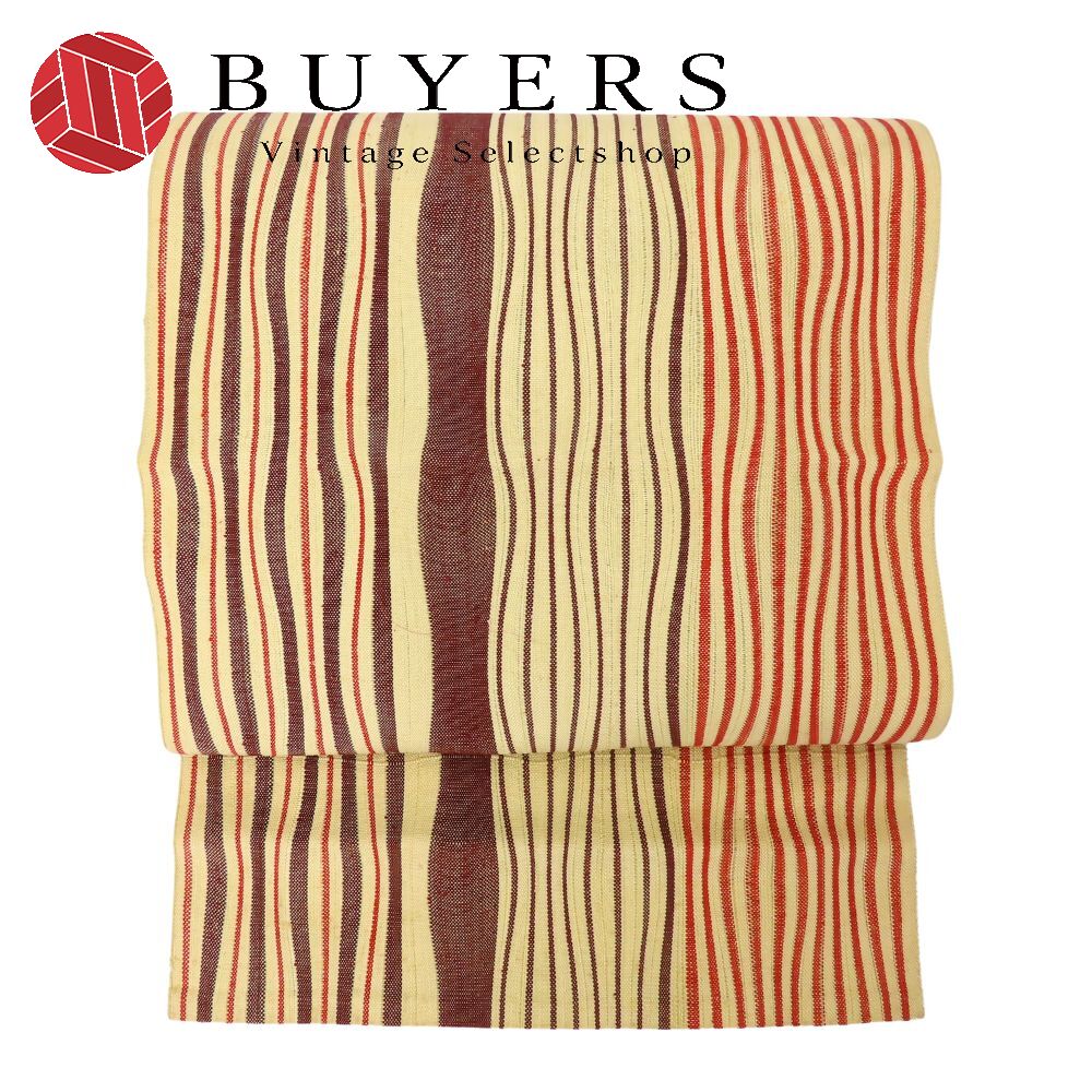 【中古】 名古屋帯 八寸 正絹 ベージュ 縞柄 和装 呉服 和服 きもの レディース 女性