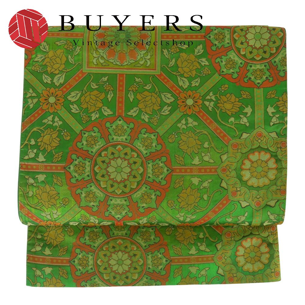 【中古】 袋帯 正絹 グリーン オレンジ 亀甲文柄 和装 呉服 和服 きもの レディース 女性