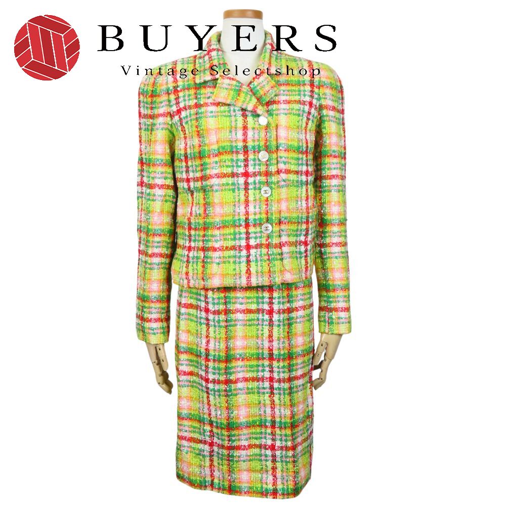 【中古】 シャネル セットアップ 36 コットン レーヨン ウール グリーン系 赤 マルチカラー ツイード ココボタン アパレル レディース 女性 CHANEL