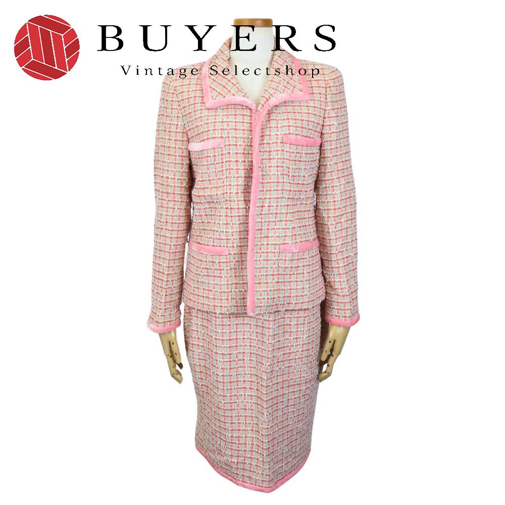 【中古】 シャネル セットアップ 38 ウール コットン ナイロン ピンク 赤 マルチカラー ツイード ココボタン アパレル レディース 女性 CHANEL