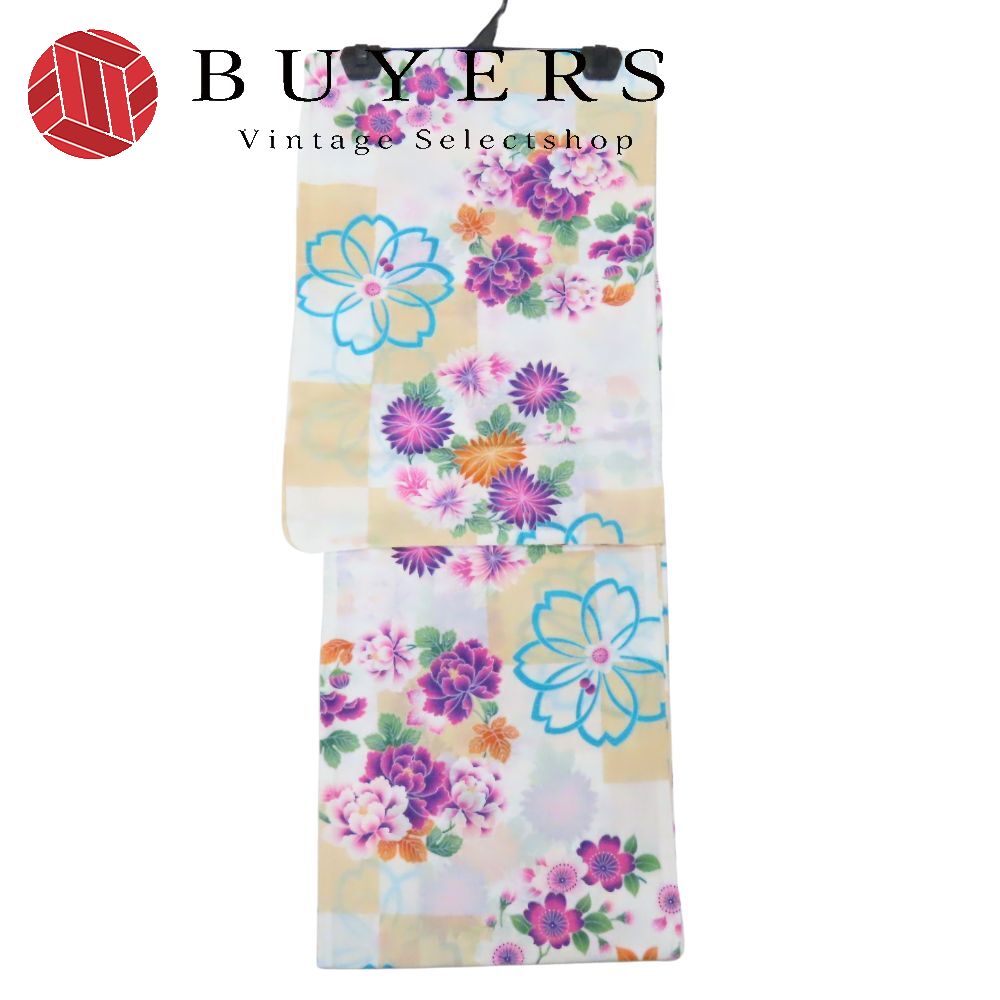 【中古】未使用展示品 浴衣 綿 ベージュ系 マルチカラー ホワイト 花柄 市松柄 大人可愛い 和装 呉服 和服 きもの レディース 女性