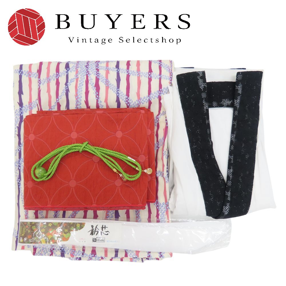 【中古】 浴衣 5点セット 一式 綿 ポリエステル アイボリー ピンク系 帯締め 肌着 小物 和装 呉服 和服 きもの レディース 女性