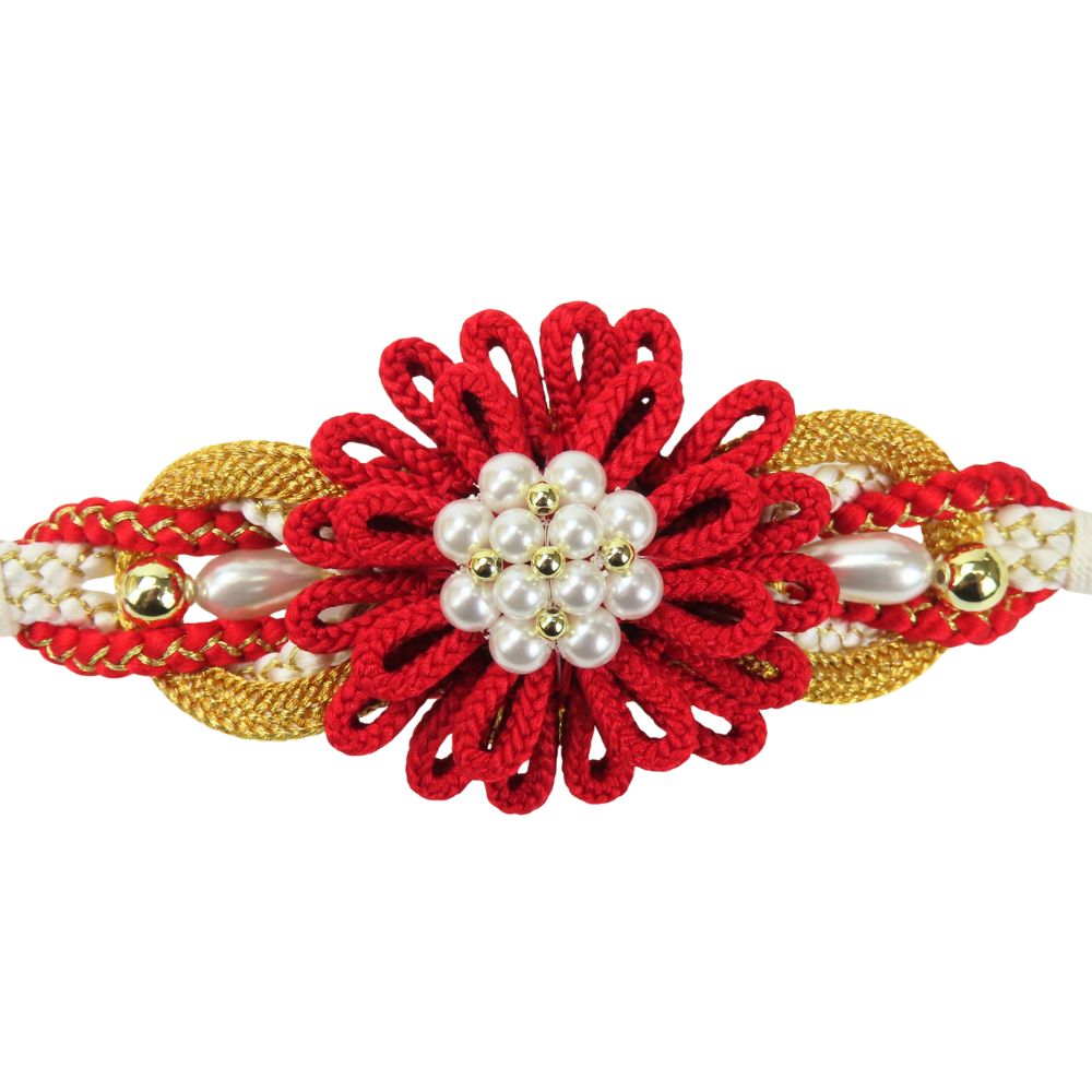 【中古】美品 帯締め 正絹(金銀糸除く) ホワイト レッド ゴールド 成人式 振袖 小物 和装 呉服 和服 きもの レディース 女性