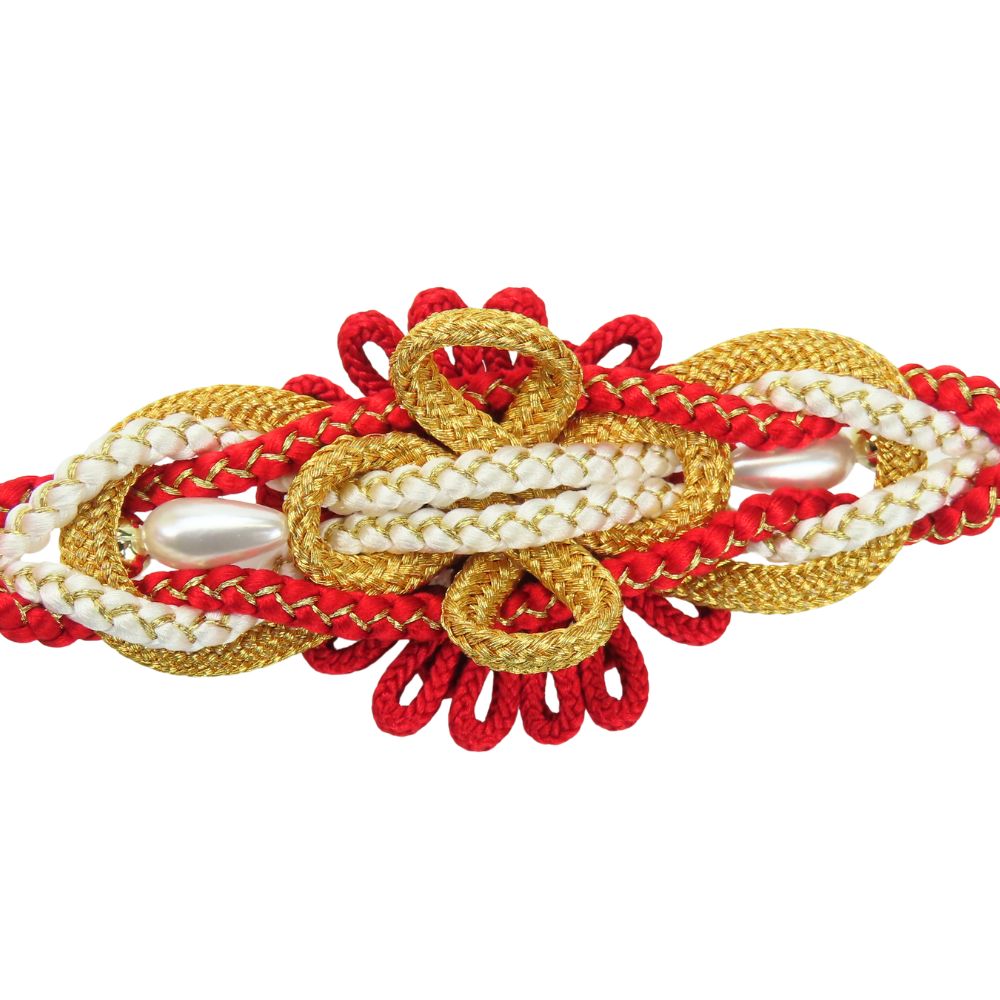 【中古】美品 帯締め 正絹(金銀糸除く) ホワイト レッド ゴールド 成人式 振袖 小物 和装 呉服 和服 きもの レディース 女性