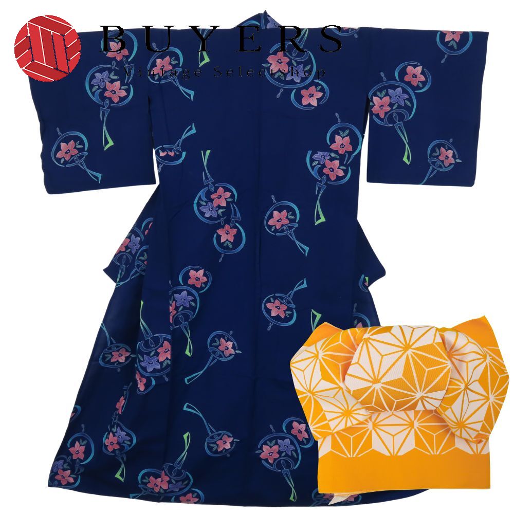 【中古】 浴衣 2点セット 作り帯 綿 ポリエステル 藍色系 黄色 マルチカラー 注染ゆかた リボン 可愛い 和装 呉服 和服 きもの レディース 女性