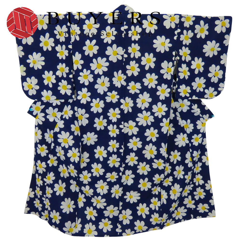 【中古】 浴衣 フラワー 綿 ネイビー ホワイト イエロー お洒落 可愛い 和装 呉服 和服 きもの レディース 女性