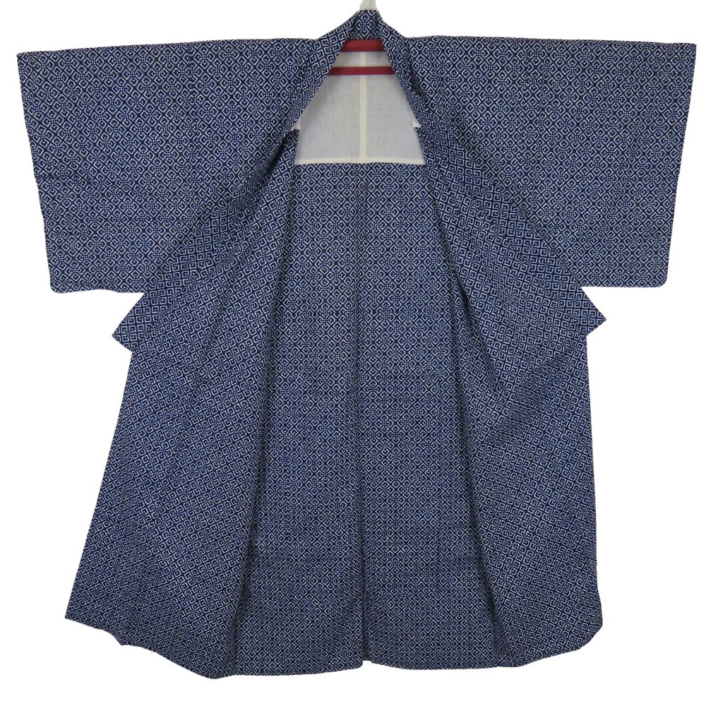 【中古】 浴衣 綿 紺 ブルー系 白 幾何学模様 モダン お洒落 和装 呉服 和服 きもの メンズ 男性
