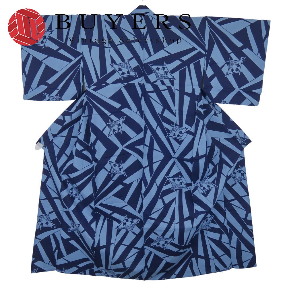 【中古】 浴衣 綿 紺 ブルー系 千鳥柄 青海波 お洒落 和装 呉服 和服 きもの レディース 女性