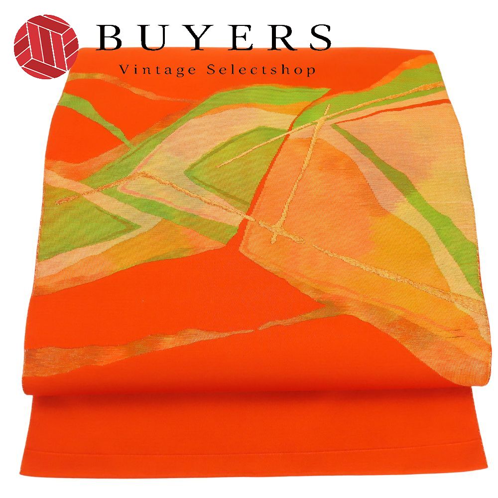 【20%OFF!!楽天スーパーSALE!!】【中古】 名古屋帯 八寸 正絹(金銀糸除く) オレンジ グリーン系 名古屋..