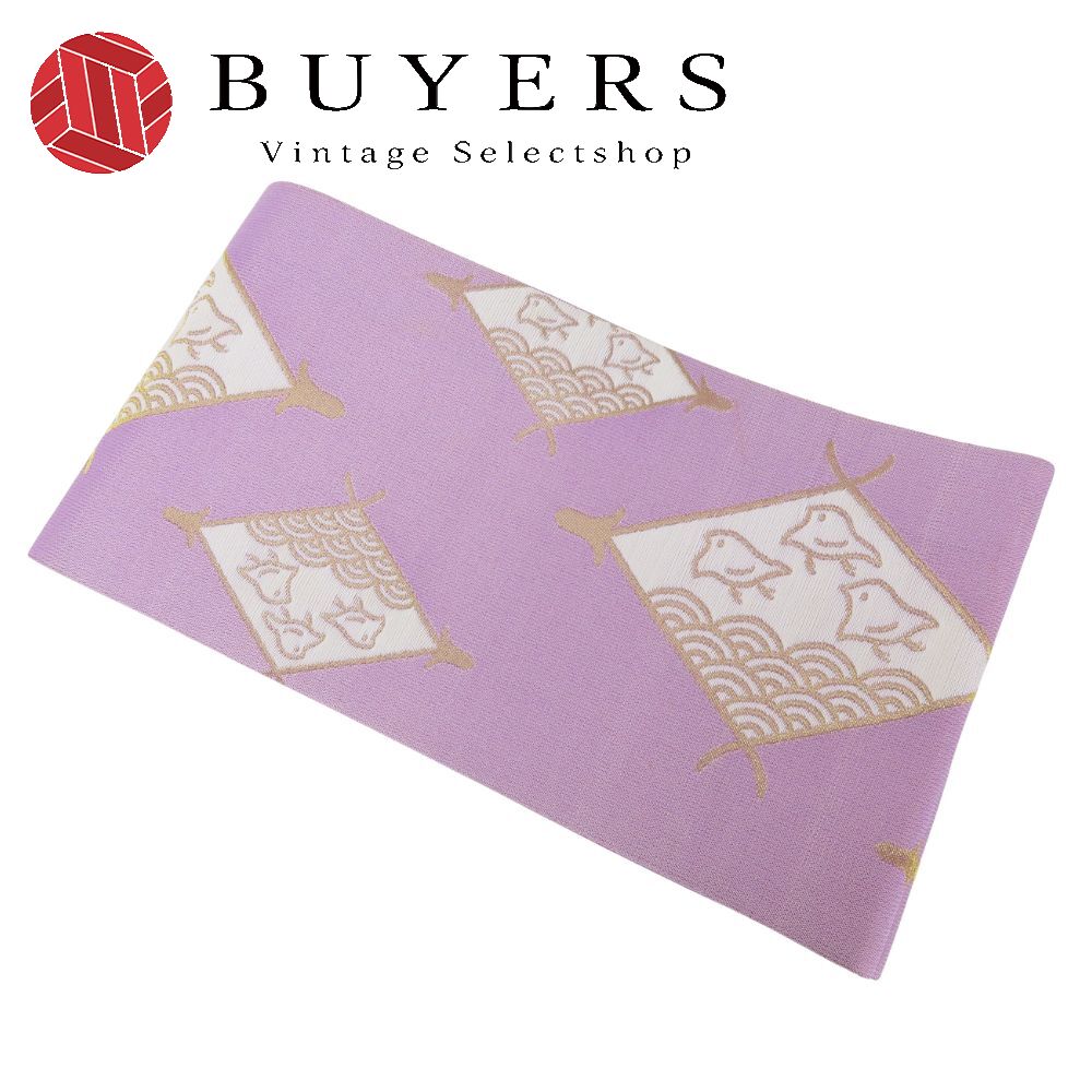 【中古】 半幅帯 化学繊維 金糸 藤色 ゴールド ホワイト 両面 和装 呉服 和服 きもの レディース 女性