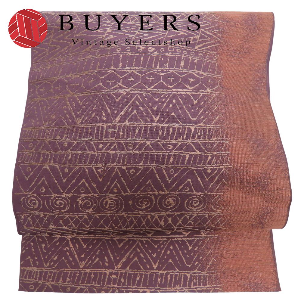 【中古】 袋帯 正絹(金銀糸除く) パープル系 ピンク 赤茶色 洒落帯 幾何学模様 六通柄 和装 呉服 和服 きもの レディース 女性