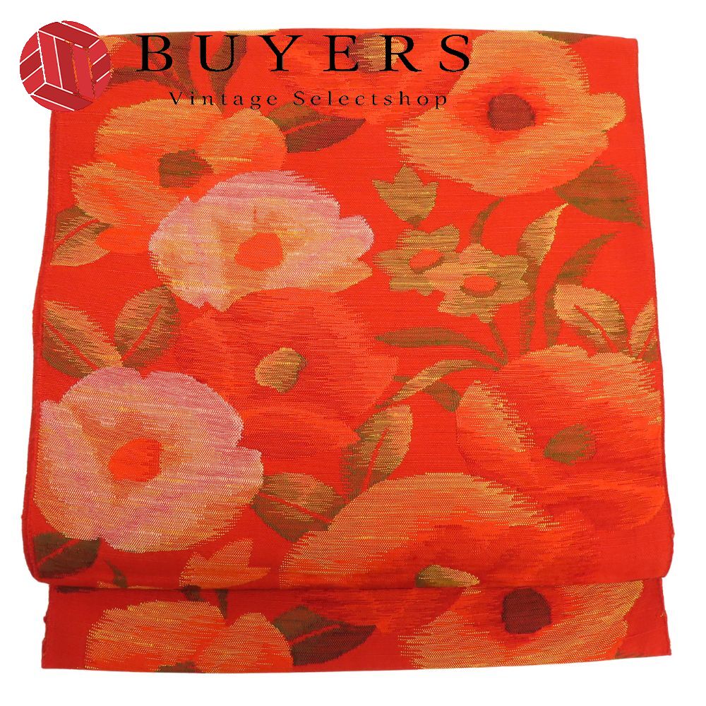 【20%OFF!!楽天スーパーSALE!!】【中古】 名古屋帯 八寸 正絹(金銀糸除く) レッド系 オレンジ系 椿 六..