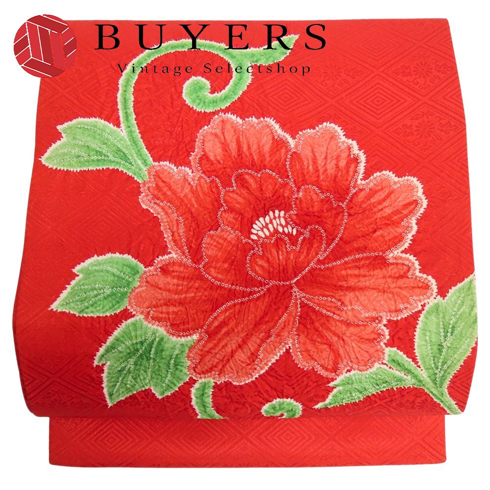 【中古】 名古屋帯 九寸 ポリエステル レッド グリーン 名古屋仕立て 和装 呉服 和服 きもの レディース 女性