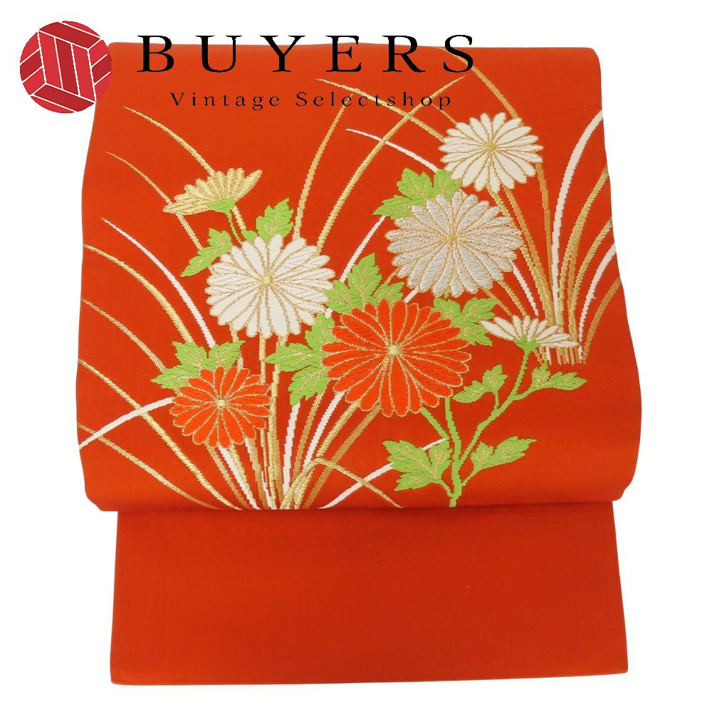 【20%OFF!!楽天スーパーSALE!!】【中古】 名古屋帯 九寸 正絹(金銀糸除く) 朱色 レッド系 ホワイト ゴ..