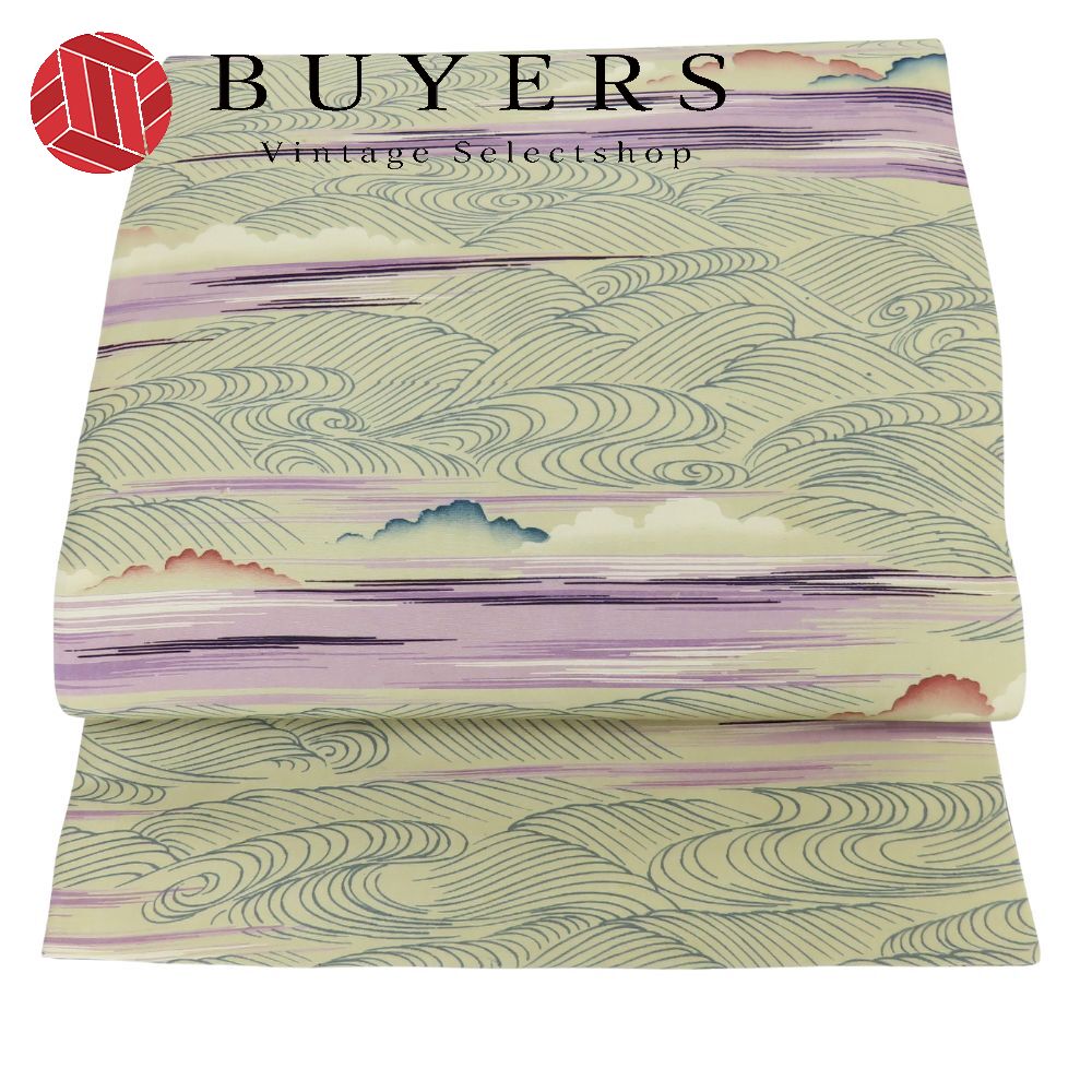 【中古】 名古屋帯 京袋 九寸 正絹(金銀糸除く) ベージュ パープル ブルー系 全通柄 波 和装 呉服 和服 きもの レディース 女性