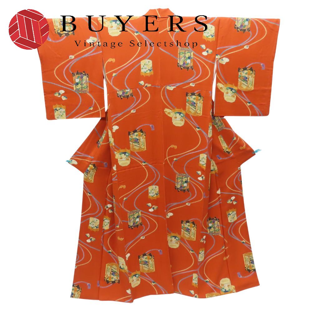 【中古】 小紋 正絹 オレンジ系 マルチカラー 香炉 紐柄 モダン 和装 呉服 和服 きもの レディース 女性