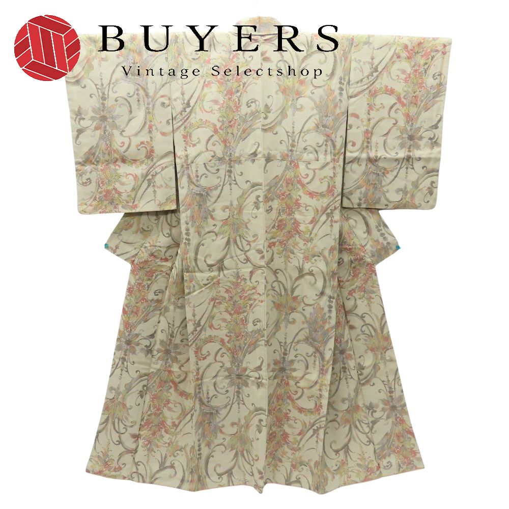 【中古】 小紋 お召 正絹(金銀糸除く) ベージュ マルチカラー 花唐草 モダン おしゃれ 和装 呉服 和服 きもの レディース 女性