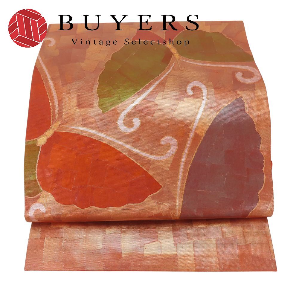 【中古】 名古屋帯 名古屋仕立て 正絹(金銀糸除く) レッド ブラウン系 蝶 洒落帯 モダン 和装 呉服 和..