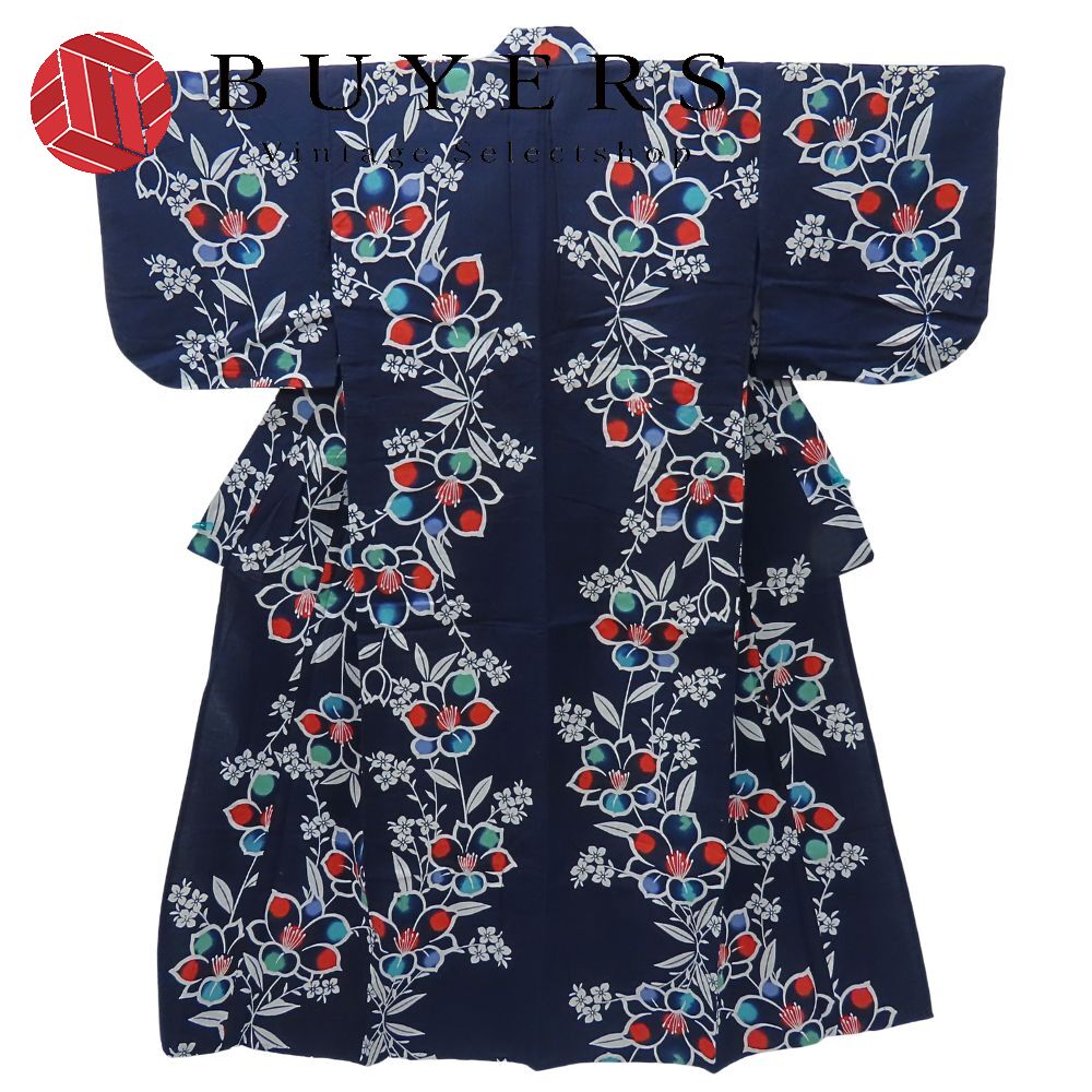 【20%OFF!!楽天スーパーSALE!!】【中古】 浴衣 綿 ネイビー 花柄 お洒落 和装 呉服 和服 きもの レディース 女性