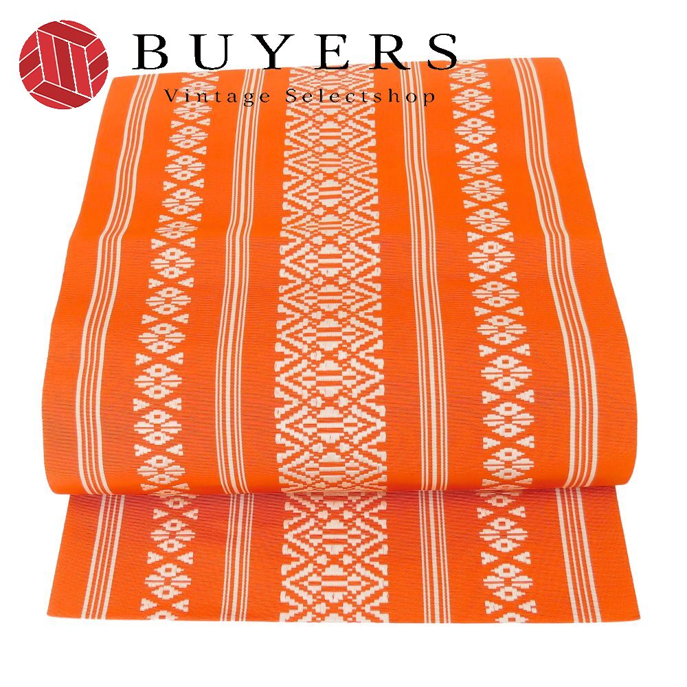 【中古】 名古屋帯 八寸 正絹(金銀糸除く) オレンジ ホワイト 献上柄 松葉仕立て 和装 呉服 和服 きも..