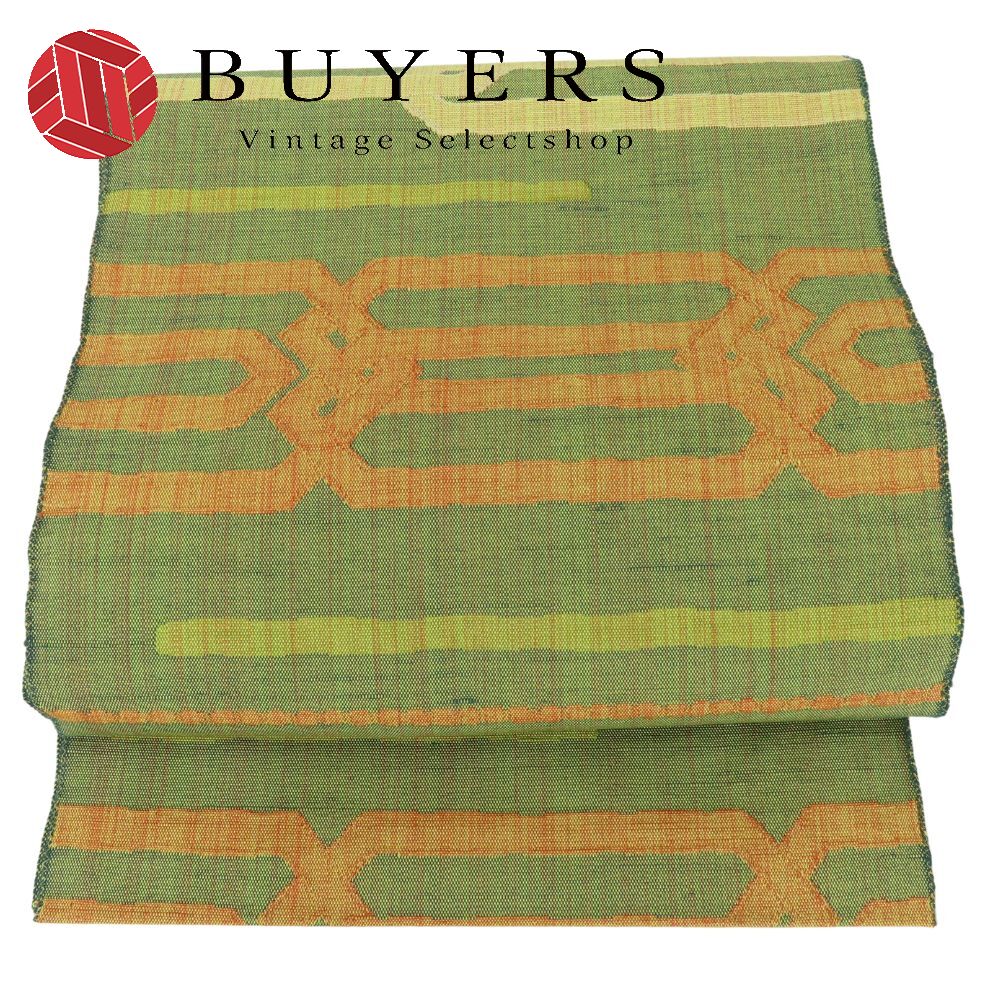 【20%OFF!!楽天スーパーSALE!!】【中古】 名古屋帯 八寸 正絹(金銀糸除く) グリーン系 オレンジ 幾何学..