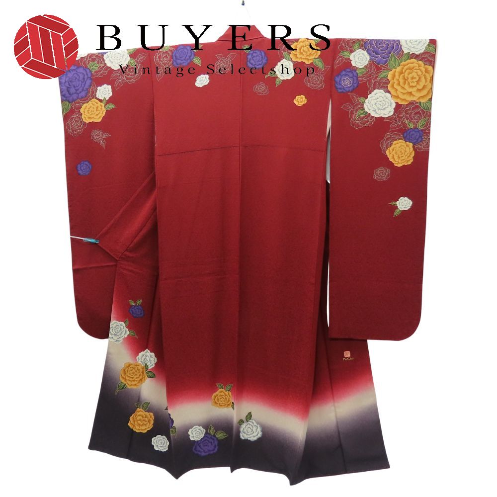 【中古】 振袖 振袖・襦袢・重ね襟・うそつき襟セット 正絹(金銀糸除く) 臙脂色 作家物 和装 呉服 和服 きもの レディース 女性