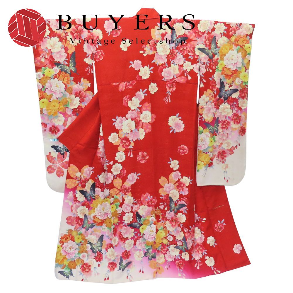 【中古】 振袖 正絹(金銀糸除く) レッド ピンク ホワイト 成人式 花に蝶 重ね襟付き 和装 呉服 和服 きもの レディース 女性