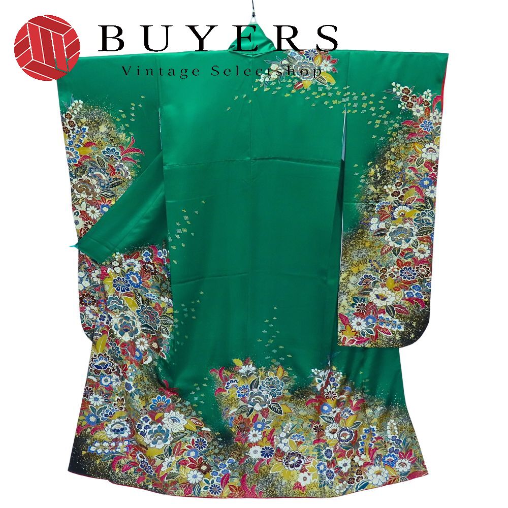 【中古】 振袖 正絹 エメラルドグリーン ゴールド マルチカラー 成人式 和装 呉服 和服 きもの レディ..