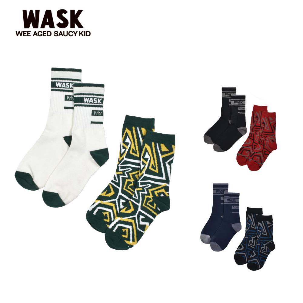 【半額】WASK（ワスク）ライン＋音波柄 2P ショートソックス (15~24cm) 靴下 男の子 キッズ ブランド 15cm 17cm 19cm 21cm 23cm ソックス 派手 男子 小学生 セール SALE
