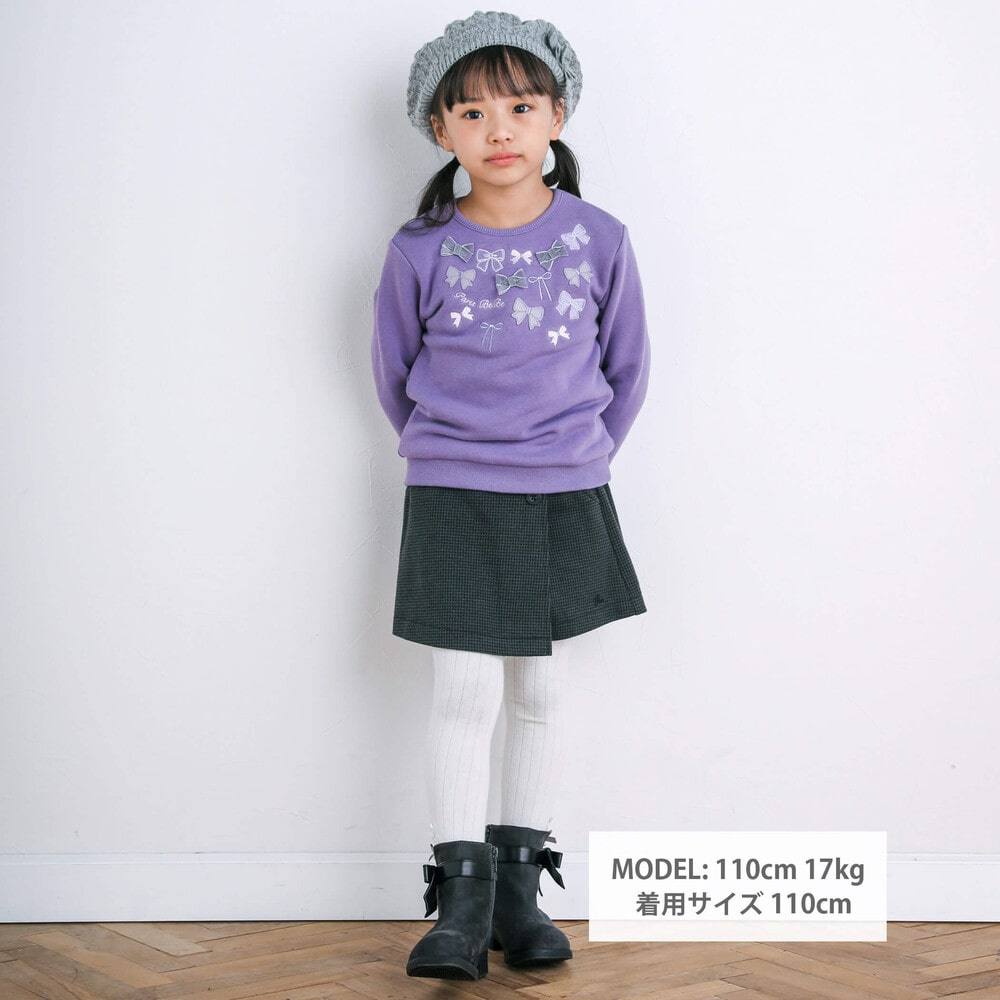 【30%OFFセール】BeBe（べべ） ベア裏毛 リボン トレーナー (80~150cm) 子供服 子ども服 女の子リボン 刺繍 パッチワーク 80 90 100 110 120 130 140 150 無地 女の子 長袖 冬 ブルー 異素材 ガーリー 裏毛 ベベ bebe 2