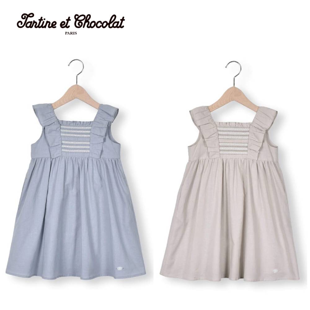 【半額】Tartine et Chocolat（タルティーヌエショコラ）【お揃い】綿麻 スモッキング ワンピース(100~..