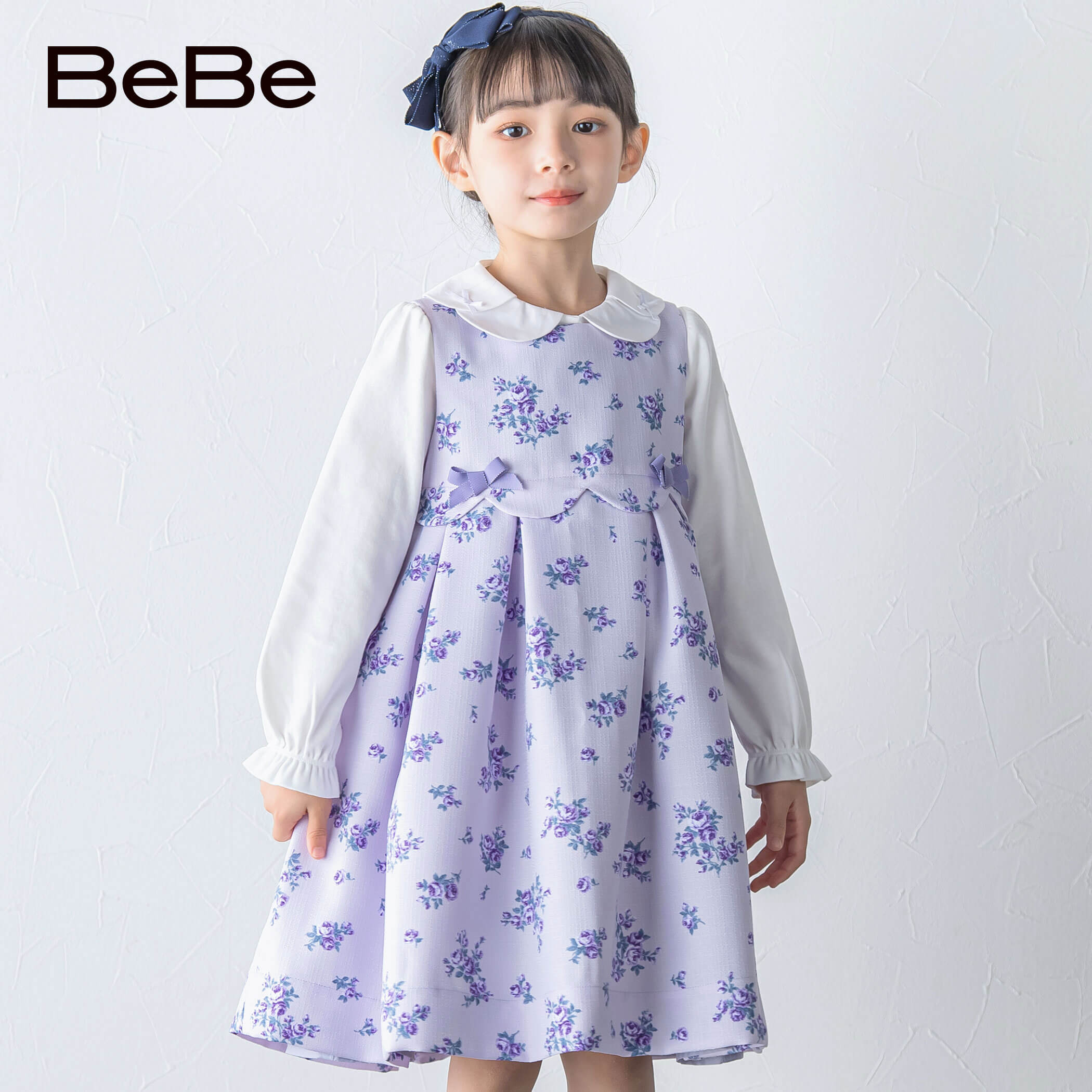 BeBe（べべ）スカラップ 切替 ローズプリント ワンピース(110~130cm) 子供服 子ども服 女の子 110 120 130 ジャンバースカート キッズ ギフト ブランド 日本製 2024年 花柄 ジャンパースカート バラ フォーマル オケージョン