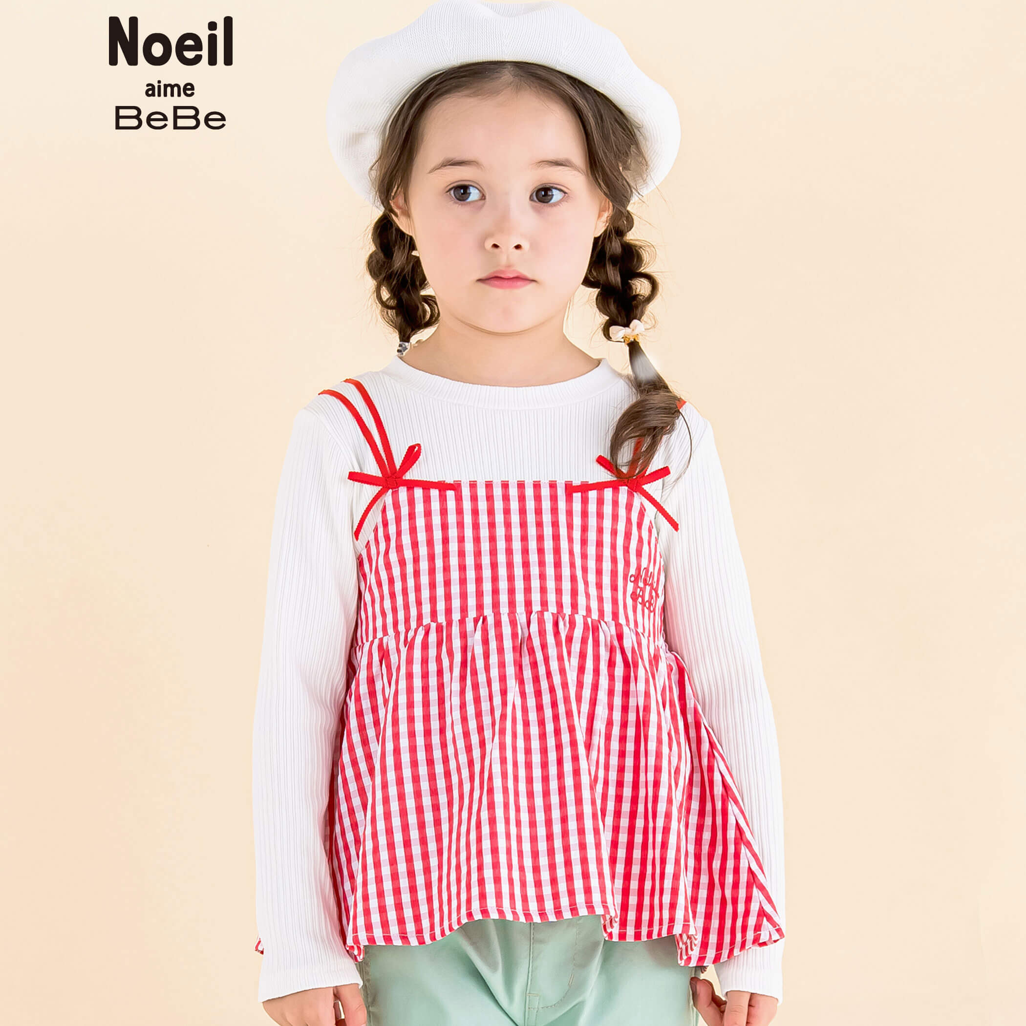 【10％OFFセール】Noeil aime BeBe（ノイユエイムべべ）「ギンガムキャミソールドッキングTシャツ(80~130cm)」子供服 子ども服 男の子 女の子 80 90 100 110 120 130 トップス Tシャツ 長袖 ロンT キッズ ギフト ブランド