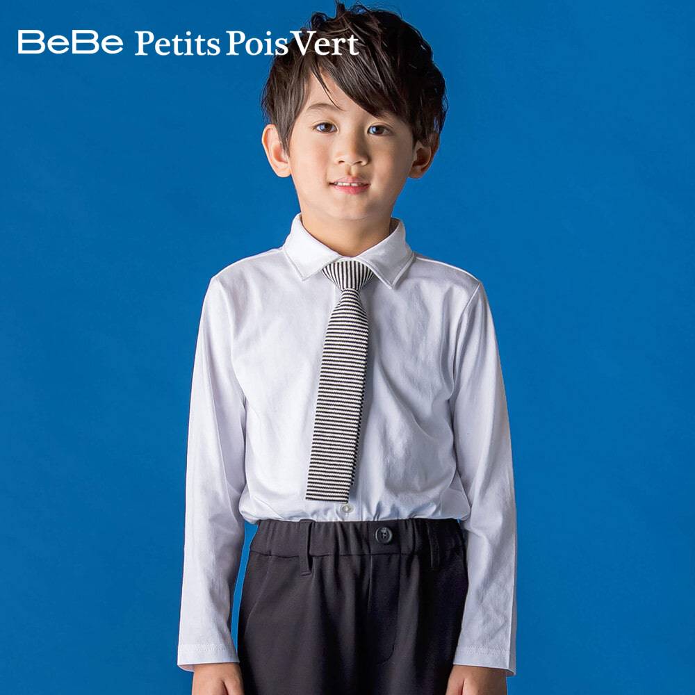 Petits Pois Vert（べべ・プチポワヴェール）「ボーダーネクタイ付き天竺シャツ(110~130cm) 」子供服 子ども服 男の子 小学生 フォーマル セレモニー セットアップ シャツ 入学式 発表会 ブランド