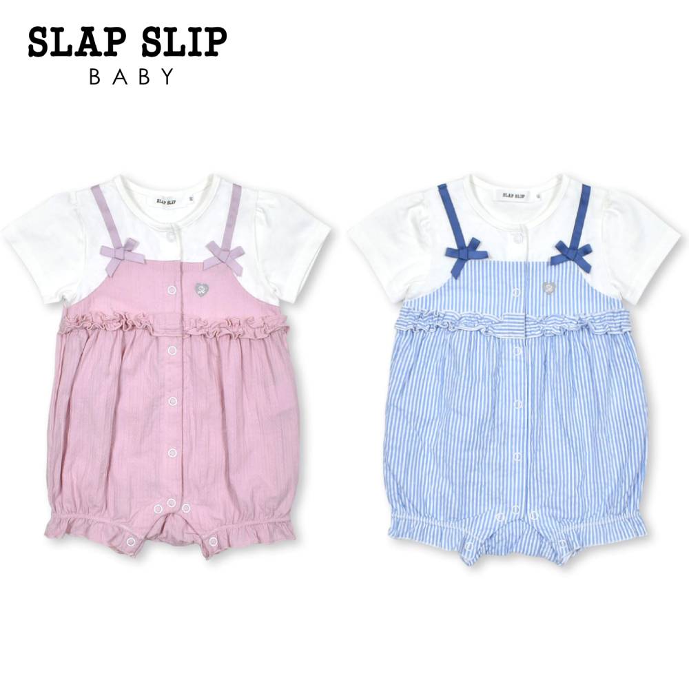 お揃いのベビー服 【10％OFFタイムセール】SLAP SLIP BABY（スラップスリップベビー）「【お揃い】リボン付きストライプレースフリルロンパースベビー(70~80cm)」子供服 子ども服 男の子 女の子 70 80 ロンパース カバオール 新生児 ベビー 出産祝い ギフトラッピング キッズ ギフト ブランド