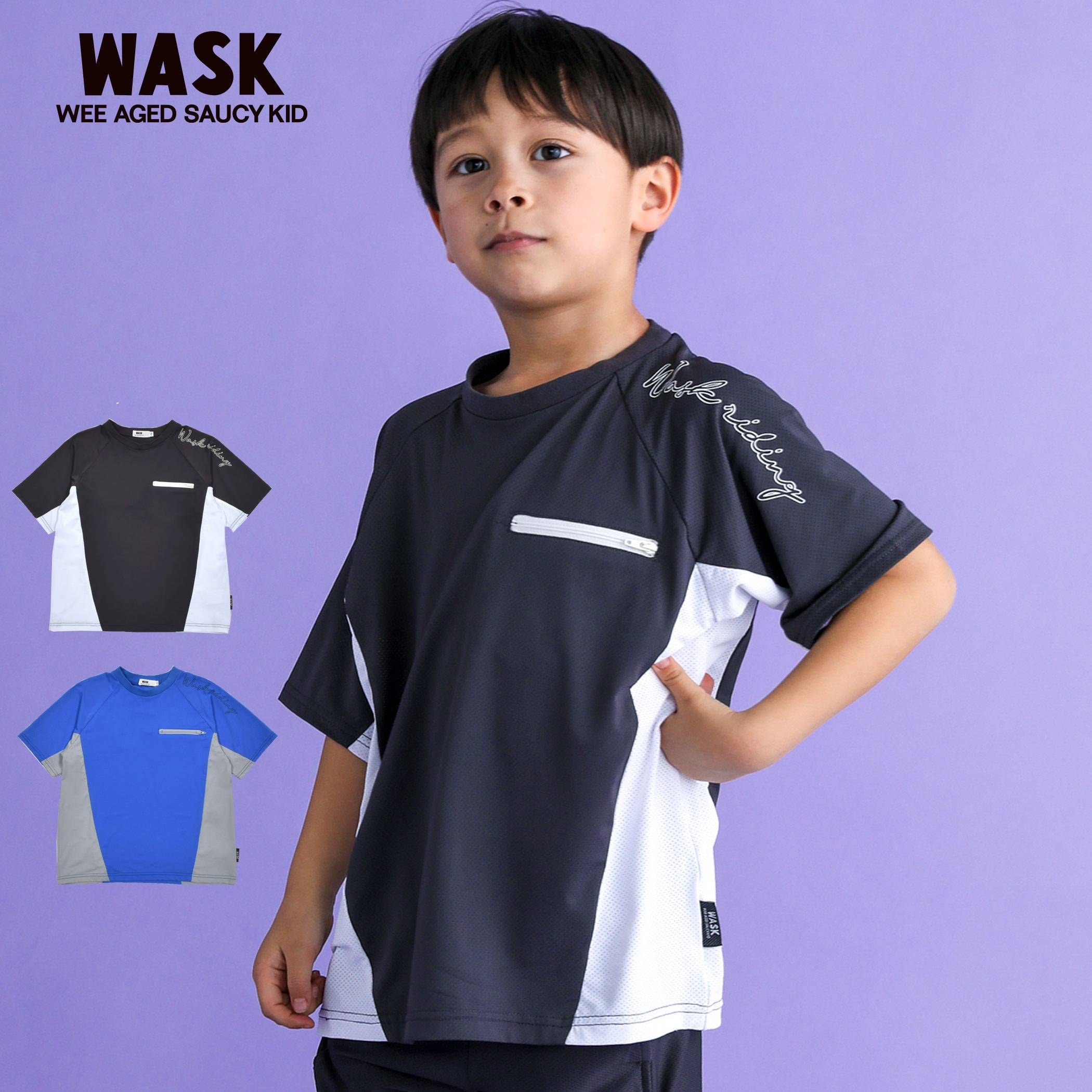 WASK（ワスク）「配色ポケットロゴラグランメッシュTシャツ(100~160cm)」子供服 子ども服 男の子 女の子 100 110 120 130 140 150 160 トップス Tシャツ 半袖 キッズ ギフト ブランド