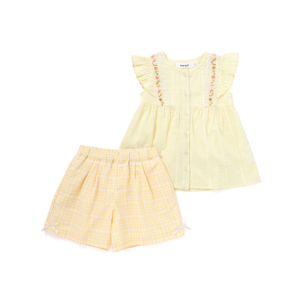 【楽天スーパーSALE 半額以下】SLAP SLIP 【上下セット】肩フリル チュニック + チェック柄 ショートパンツ セットアップ(90~130cm) 子供服 女の子 おすすめ チュニック ショートパンツ ギンガムチェック 綿100% フリル 刺しゅう ピンク 90cm 100cm 110cm 120cm 130cm