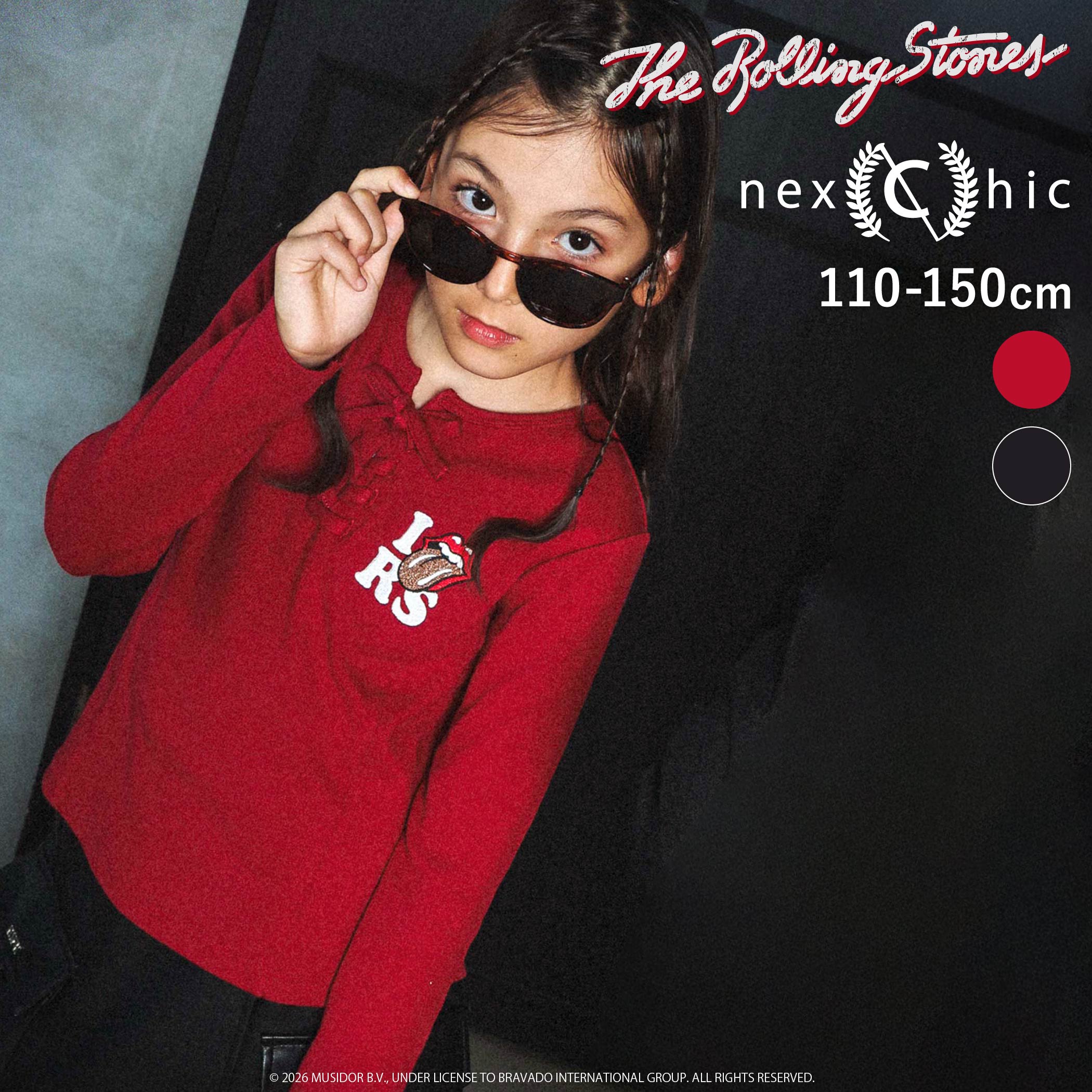 【最大20%OFFクーポン】nexchic 【ザ・ローリング・ストーンズxNEXCHIC】編み上げリブTシャツ(110~150cm) キッズ 子供服 おすすめ 女の子 長袖Tシャツ ロンT リブ ストレッチ 秋冬 レースアップ ロック バンド おしゃれ コラボ 伝説的ロックバンド The Rolling Stones