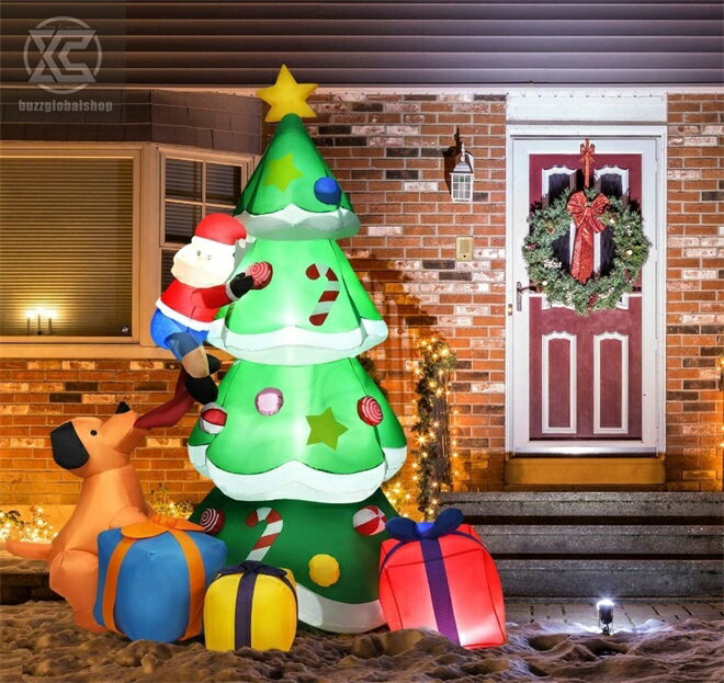 210CM クリスマスツリー エアーディスプレイ 膨張式 空気充填 「サンタクロースと犬」 特大 防水 設置簡単 エアーポンプ付き 自動膨らませる LED付き クリスマス オーナメント 雑貨 クリスマス パーティー イルミネーション 屋外設置可能