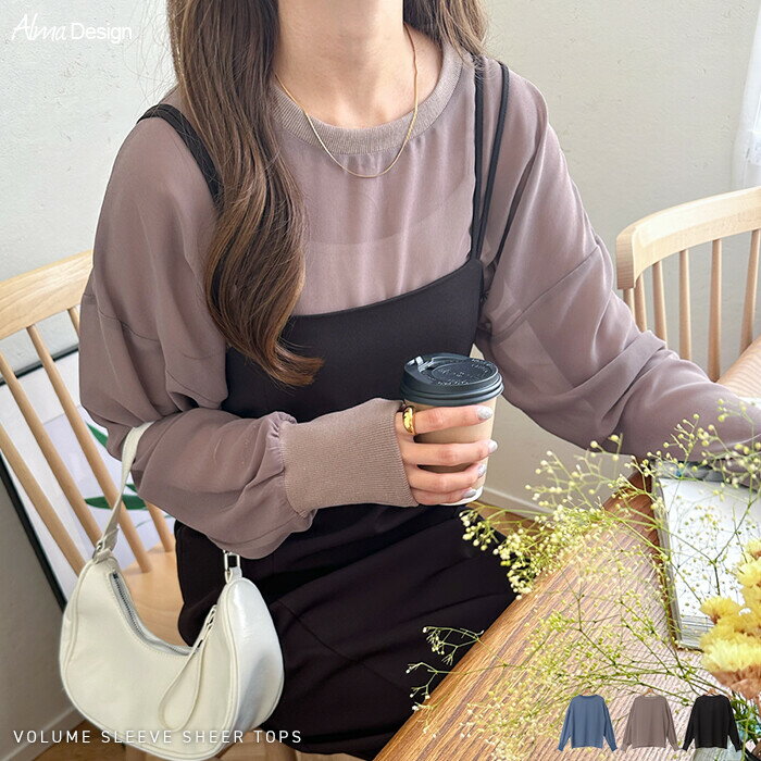 Rakuten - ボリュームスリーブ シフォン 長袖 トップス シースルー シースルートップス 透け感 レディース ゆったり きれいめ レイヤード チェック カジュアル かわいい 楽ちん 春 秋 冬 通勤 通学 学生 韓国 韓国ファッション オフィス オフィスカジュアル 無地 シンプル 定番 t05