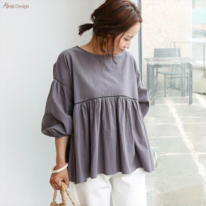 Rakuten - コットン ワッシャー ハシゴレース ボリューム袖 ブラウス レディース 長袖 オーバーサイズ ギャザー 体型カバー 透け感 大人 女性 きれいめ カジュアル ナチュラル オフィス カットソー 女性 トップス シャツ 春 夏 秋 春夏 シンプルトップス 送料無料 【mail】 wtnb