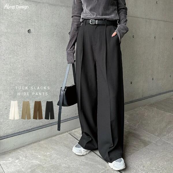 Rakuten - タック スラックス ワイド パンツ レディース ボトム ワイドパンツ タックパンツ リネンパンツ ズボン ウエストゴム 体型カバー 太ももカバー ゆったり 楽ちん ハイウエスト 美脚 ポケット きれいめ オフィス カジュアル セットアップ M L 春夏 秋冬 春 夏 秋 冬 t05