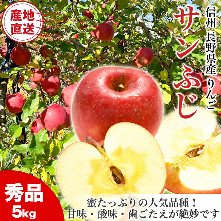 【秋映・訳あり商品】5kg 〔 3,240円 送料無料(648円/kg) 〕 【秋映・訳あり商品】10kg 〔 4,320円 送料無料(432円/kg) 〕 【シナノスイート・訳あり商品】5kg 〔 3,240円 送料無料(648円/kg) 〕 【シナノスイート・訳あり商品】10kg 〔 4,320円 送料無料(432円/kg) 〕 【シナノゴールド・秀品】5kg 〔 6,800円 送料無料(1,360円/kg) 〕 　 【シナノゴールド・訳あり商品】5kg 〔 3,240円 送料無料(648円/kg) 〕 【シナノゴールド・訳あり商品】10kg 〔 4,320円 送料無料(432円/kg) 〕 【サンふじ・秀品】5kg 〔 8,600円 送料無料(1,720円/kg) 〕 　 【サンふじ・訳あり商品】5kg 〔 3,240円 送料無料(648円/kg) 〕 【サンふじ・訳あり商品】10kg 〔 4,320円 送料無料(432円/kg) 〕 品名 秀品 信州 長野県産 りんごサンふじ 5kg 商品説明 りんご三大産地のひとつ、長野県で生産された「サンふじ」。 蜜たっぷりの人気品種！ 蜜・果汁がたっぷり入っている、国内生産量ナンバーワンの人気品種です。 甘味と酸味のバランスが絶妙で、シャキッとした歯ごたえもたまりません。 内容量 5kg (風袋込み) 原材料 りんご 賞味期限 生ものですので、お早目にお召し上がりください。 保存方法 到着後は冷蔵庫野菜室にて保管してください。リンゴはエチレンガスを発生するため、他の野菜やフルーツを早める恐れがあります。他の食品への影響を少なくするためには、りんごをラップでくるんだりジップロックなどにいれて保管することをお勧めいたします。 産地 長野県産 出荷地 岡部孝雄 〒3810101 長野県長野市若穂綿内4838-1 備考 画像はご覧になっているモニター・パソコンに等により実際の商品と多少色味が異なる場合がございます。