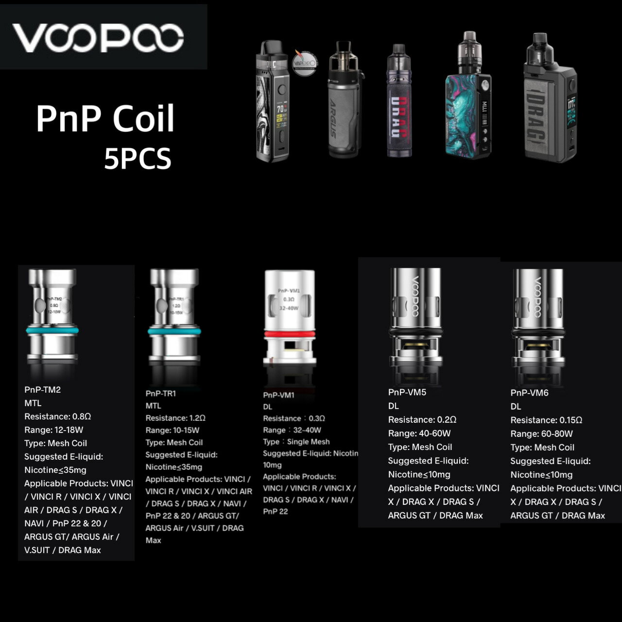 VOOPOO PnP Coil VINCI DRAG ARGUS ブープー ヴィンチ ドラッグ アーガス Pod 交換 コイル MTL DL vape 電子タバコ ベイプ TR1 TM2 VM1 VM5 VM6